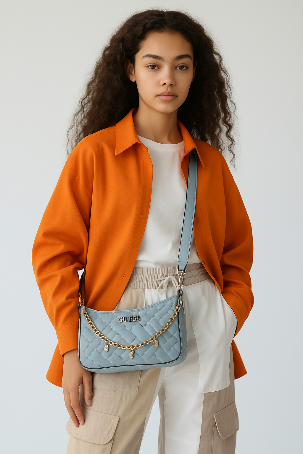 Bolsa GUESS Azul con Cadena y Dijes - Estilo Glam Chic