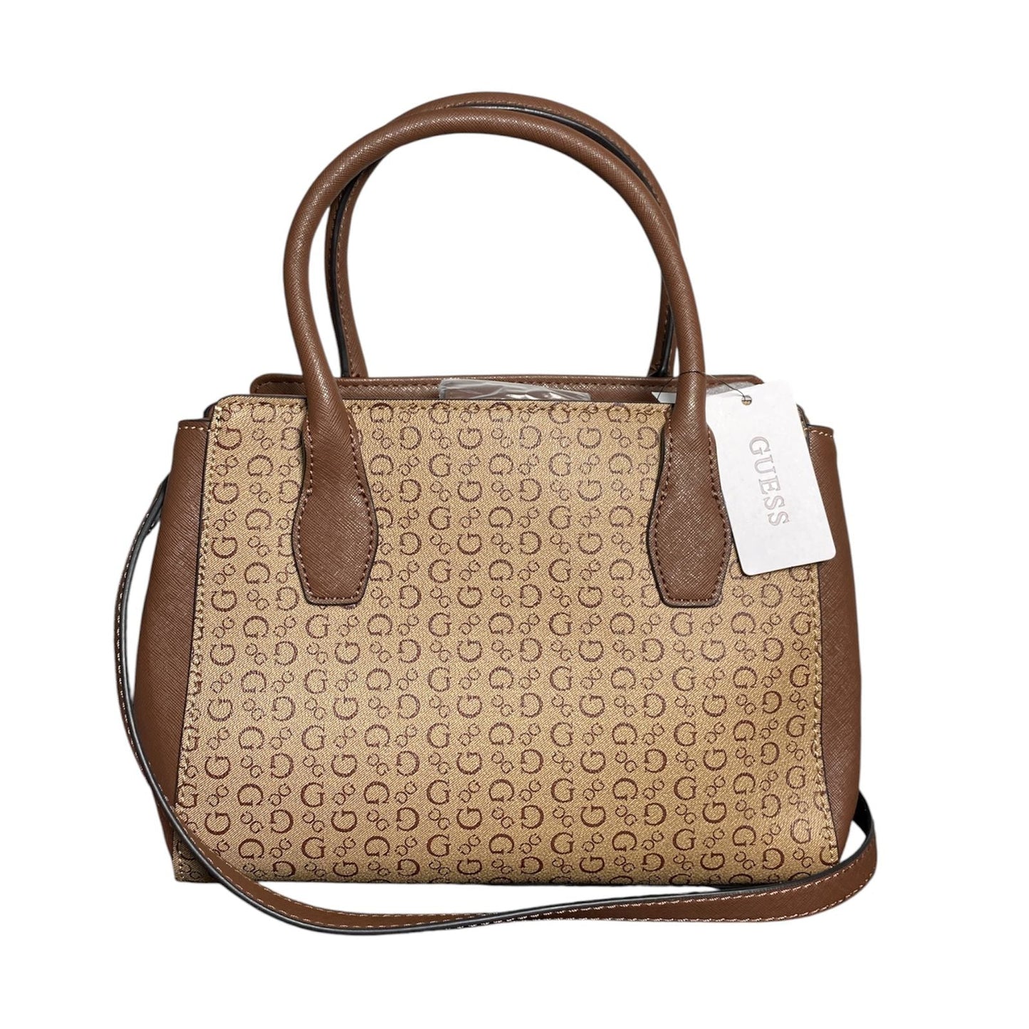 Bolsa de Mano Guess Satchel Monograma Café con Correa Ajustable