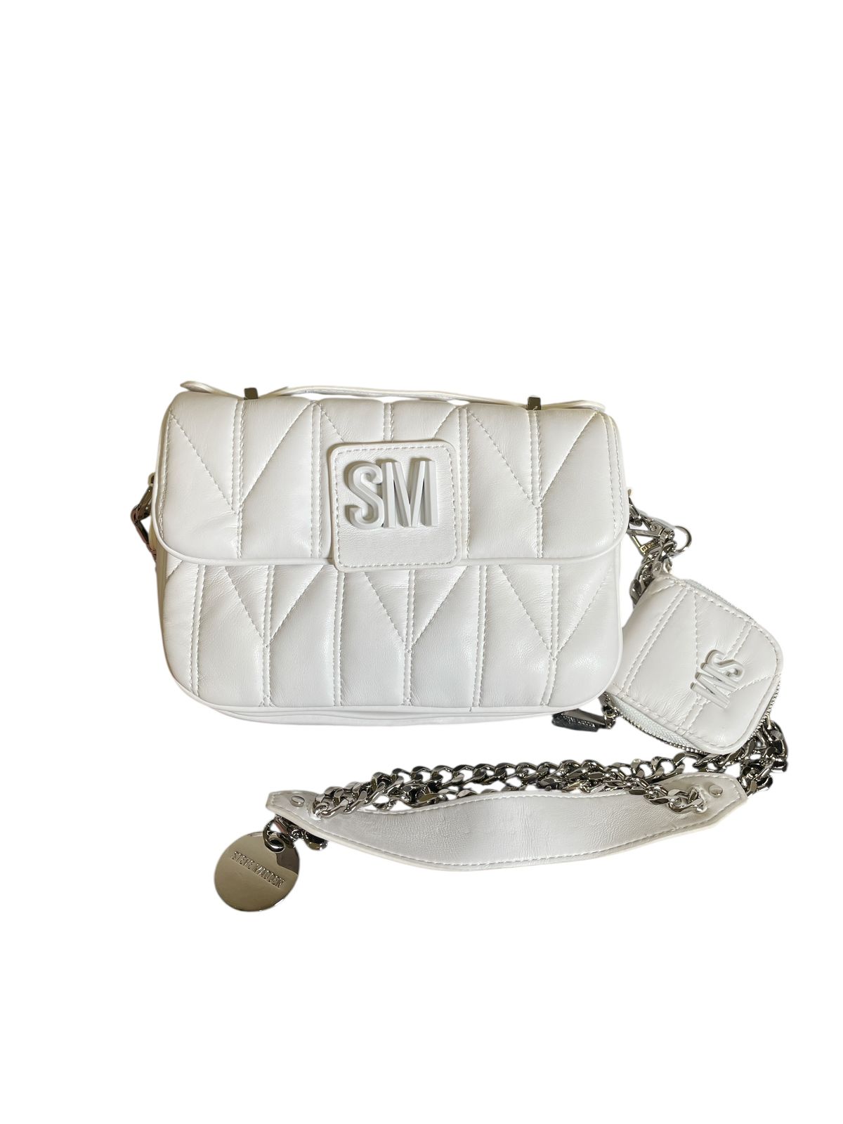 Bolsa Steve Madden blanca acolchada con cadena y pouch