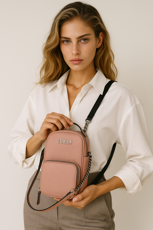 Crossbody Guess Rosa Compacto con Detalles de Cadena - Estilo Moderno y Funcional