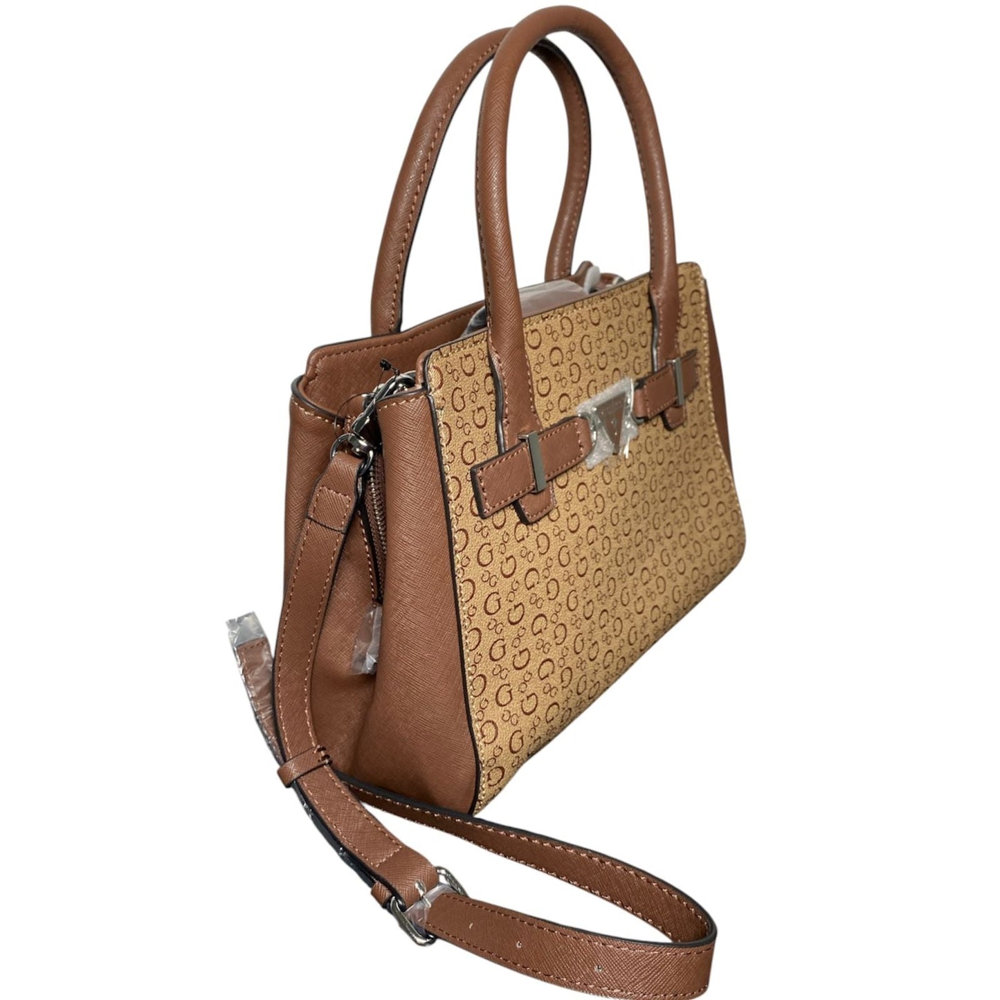 Bolsa de Mano Guess Satchel Monograma Café con Correa Ajustable