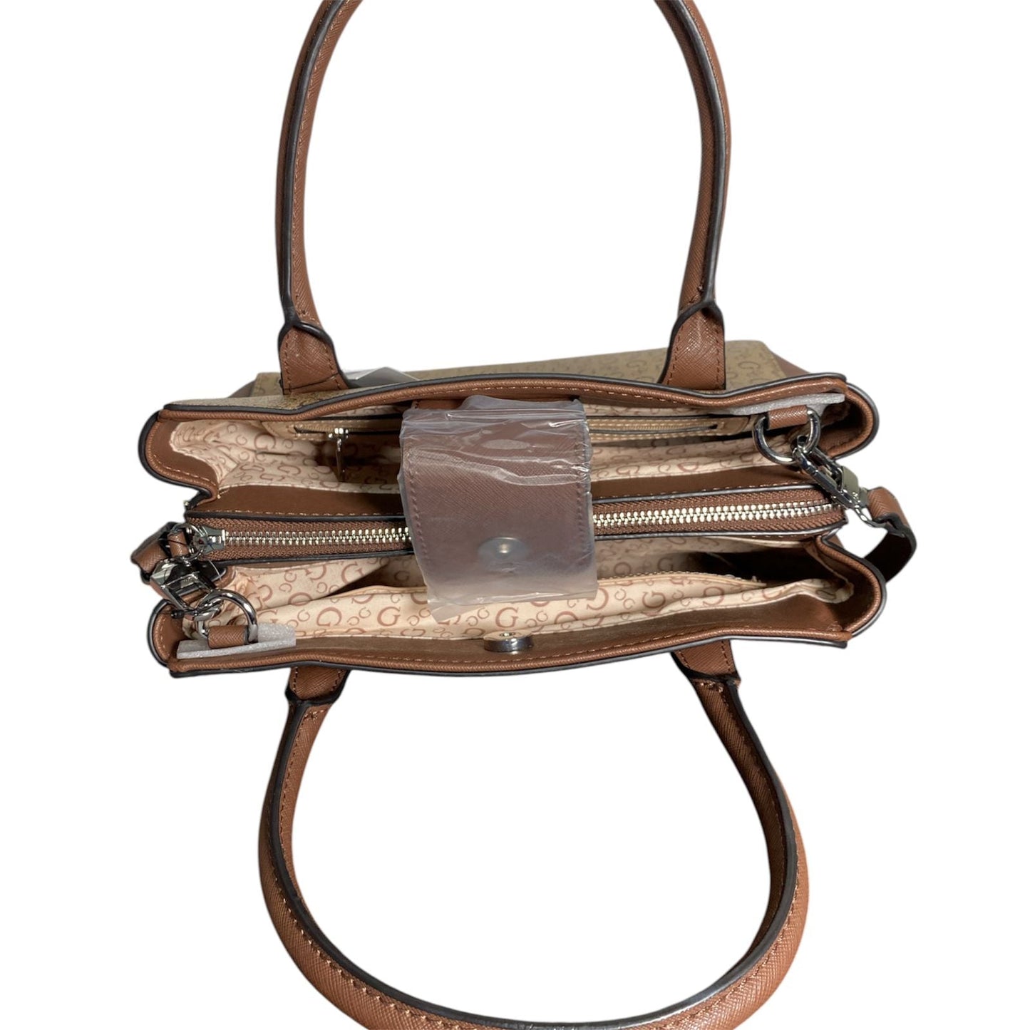 Bolsa de Mano Guess Satchel Monograma Café con Correa Ajustable